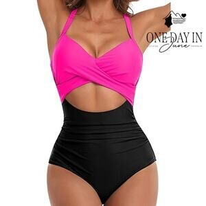 Eomenie Cross Front Cut Out Tie Back One Piece Swimsuit Size XL